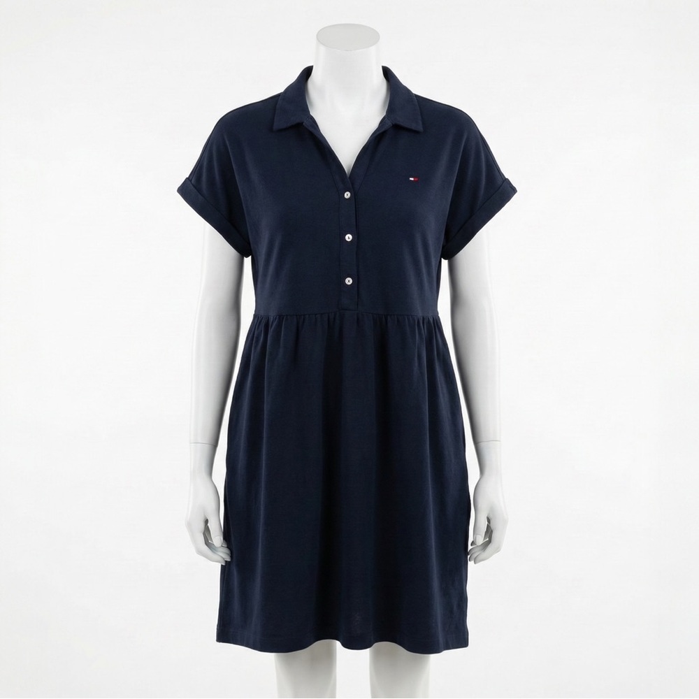 Tommy Hilfiger Navy Blue Polo Dress Large Cotton Babydoll Short Sleeve